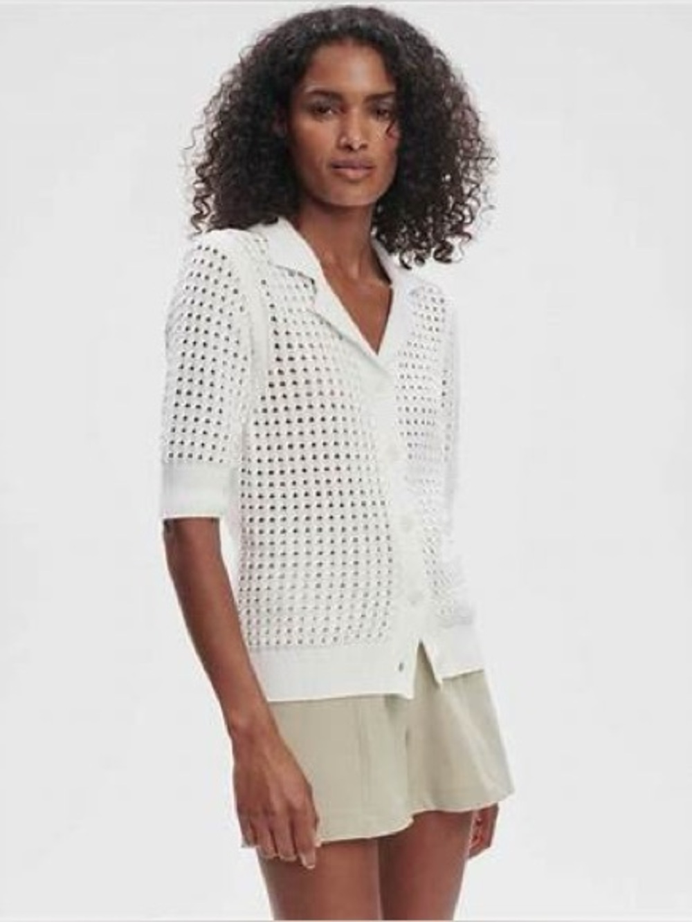 Varley Ellie Open-Knit Short Sleeve Button Cardigan.